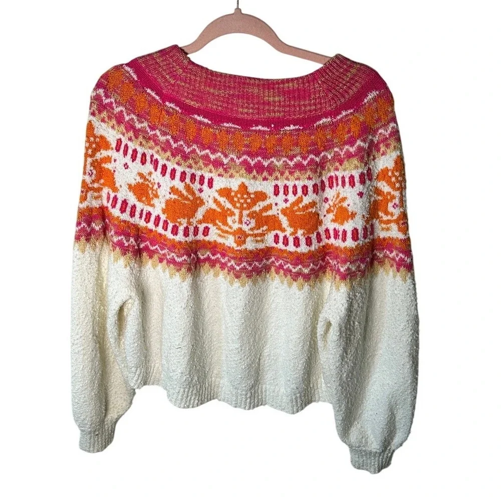 Free People Rabbit‎ Fair Isle Knit Sweater Pink & Orange Size XS